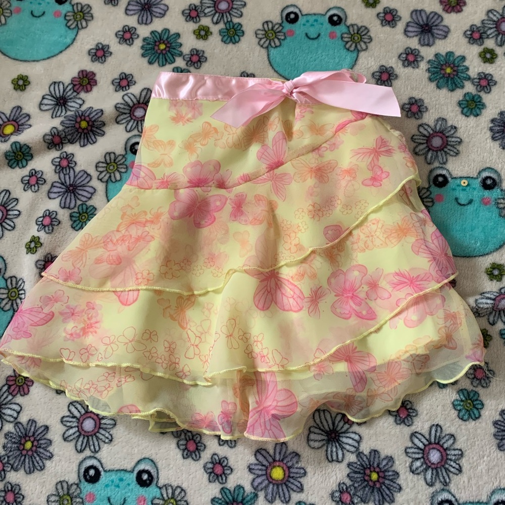 Vintage Butterfly Floral Ruffle Skirt with Pink Bow